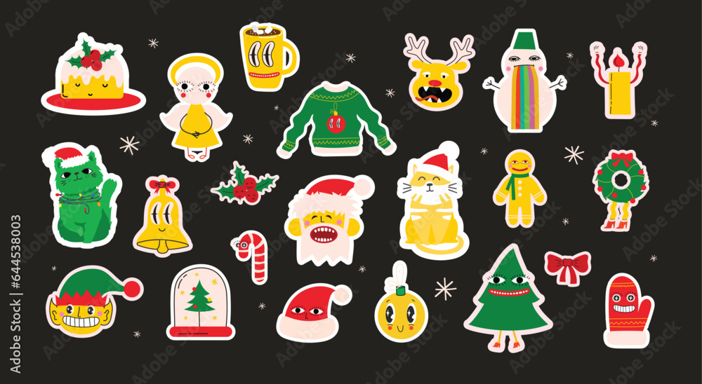 Cute cartoon character and christmas elements for cards, seamless pattern, stickers. Merry Christmas and Happy New Year 2024. Vector trendy abstract illustrations for holiday wallpaper, fabric