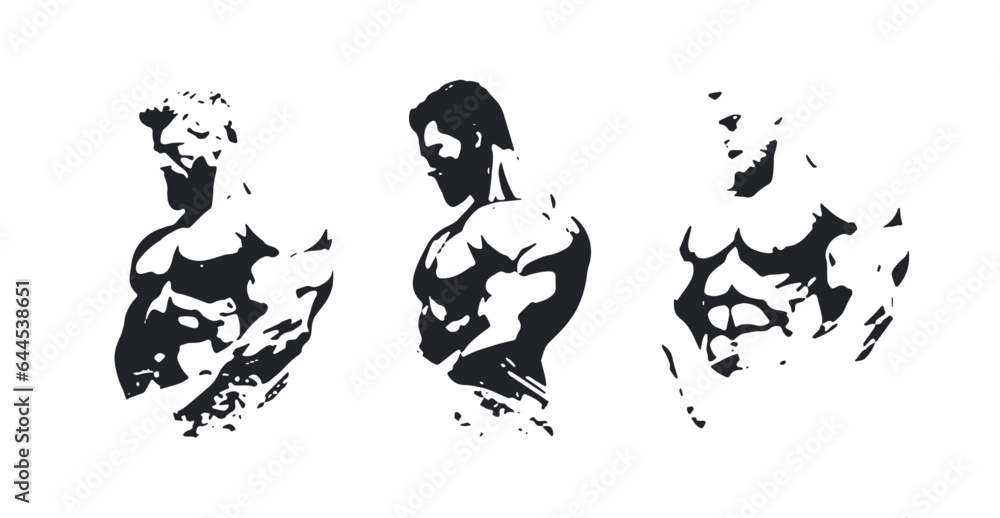 Bold muscular silhouettes - monochromatic character design. Strong bodybuilder icons for gym-goers and fitness enthusiasts. Vector illustrations for fitness logo design, isolated graphic elements. Bold muscular silhouettes - monochromatic character design. Strong bodybuilder icons for gym-goers and fitness enthusiasts. Vector illustrations for fitness logo design, isolated graphic elements.