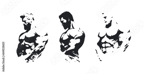 Bold muscular silhouettes - monochromatic character design. Strong bodybuilder icons for gym-goers and fitness enthusiasts. Vector illustrations for fitness logo design, isolated graphic elements.