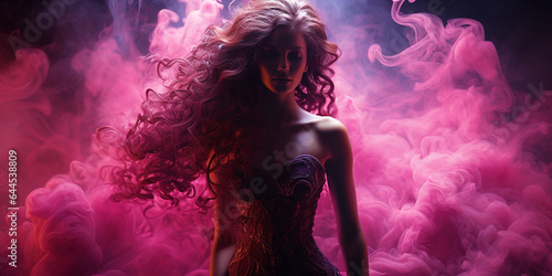 Zauberhaft schöne Model Frau Gesicht mit pinken Rauch als Explosion umhüllt und grandioses Makeup Nahaufnahme als Poster Querformat, ai generativ
