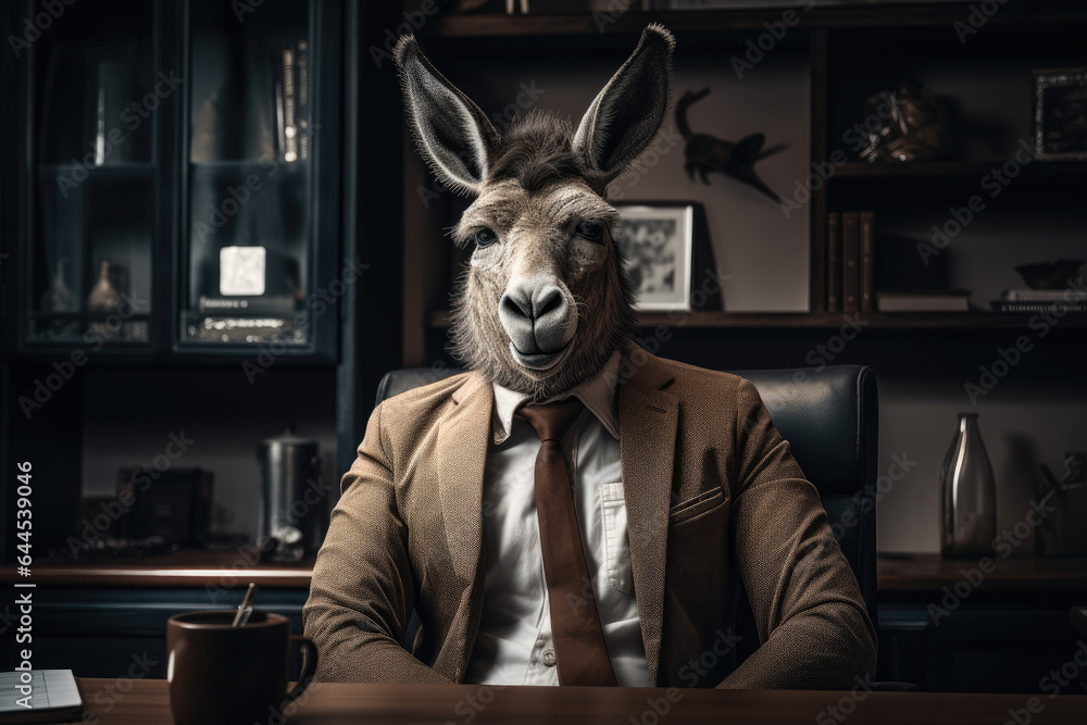A donkey in a business suit in the office. Generative AI.