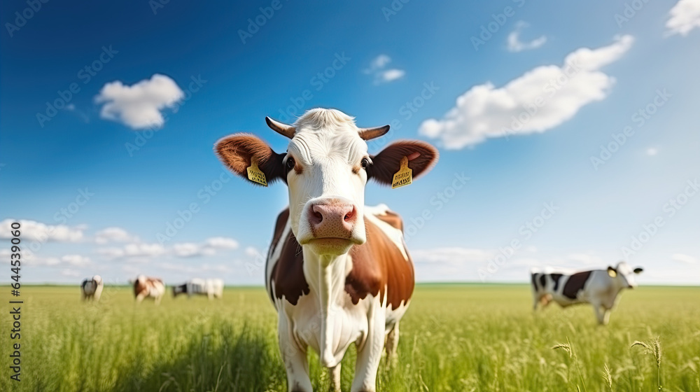 Cows on the background of sky and green grass