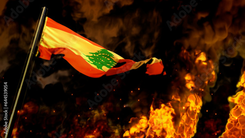 flag of Lebanon on burning fire backdrop - hard times concept - abstract 3D illustration photo
