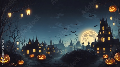Halloween Spooky Background with Selective Focus and Copy Space Halloween Background with Scary Pumpkins Candles in The Graveyard at Night with A Castle Background AI Generative