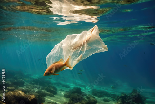 Fish and plastic bag in the sea. Ecology, Pollution. Generative AI.