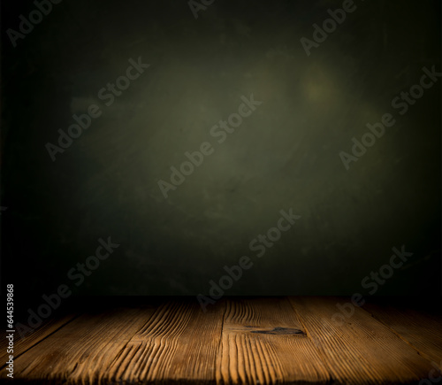 Empty wooden table on wall dark background perspective wooden floor shelf table used as a studio background wall to display your products. High quality photo