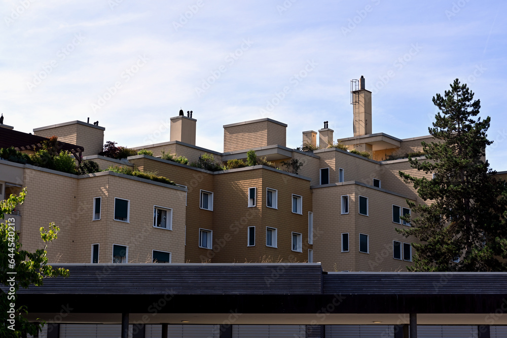 Block of flats with trees growing on the roof terraces captured in low angle view. 