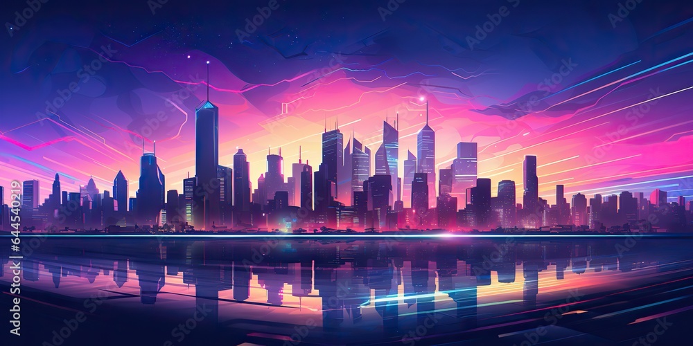 AI Generated. AI Generative. Vintage retro pink purple vaporwave synthwave city town buildings cityscape background at sunset. Can be used for graphic design inspiration