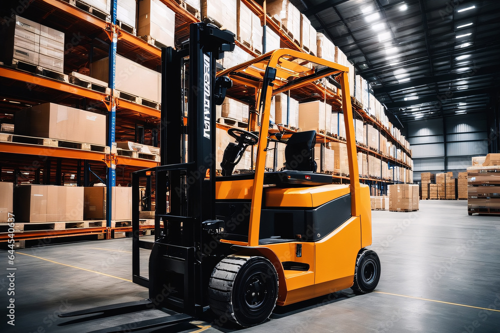 Forklift in warehouse. Industrial background. Forklift in warehouse. Industrial background.