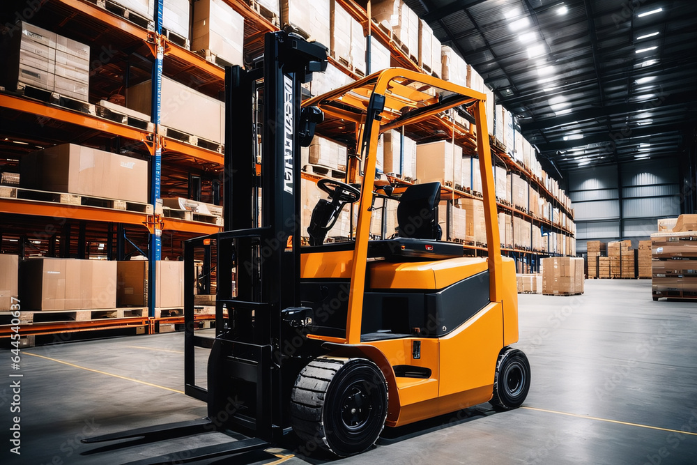 Forklift in warehouse. Industrial background.