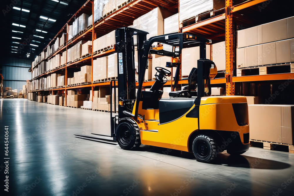 Forklift in warehouse. Industrial background.