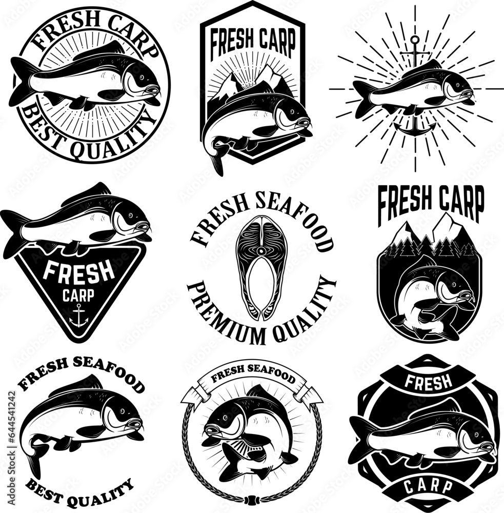 Set of the fresh carp labels, emblems and design elements. Carp fishing.  Design element for logo, label, emblem, sign. Vector illustration.