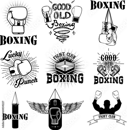 Set of the boxing club labels, emblems and design elements. Boxing gloves.  Lucky punch. Set of design elements in vector.