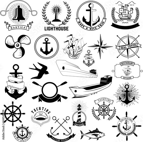 Set of the nautical labels, emblems and design elements.
