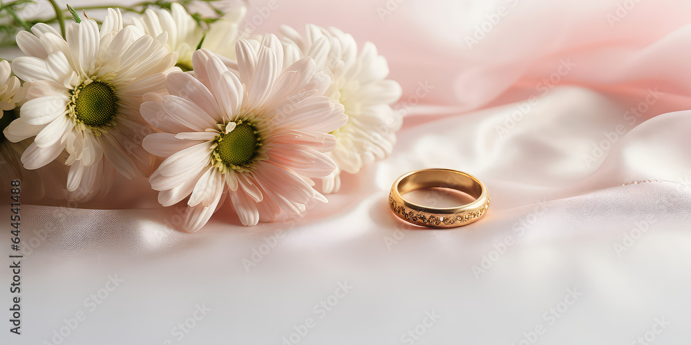 Wedding ring with daisy flowers, minimal banner template, top view, copy space. Wedding ring with daisy flowers, minimal banner template, top view, copy space.