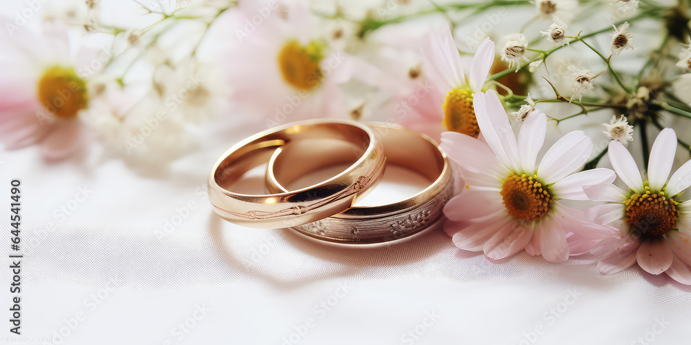 Wedding ring with daisy flowers, minimal banner template, top view, copy space. Wedding ring with daisy flowers, minimal banner template, top view, copy space.
