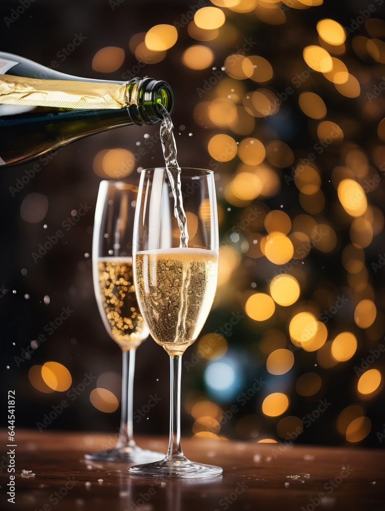 Fototapeta premium champagne bottle and glass on the eve of the holiday, wishes for Merry Christmas, Happy New Year and happy holidays