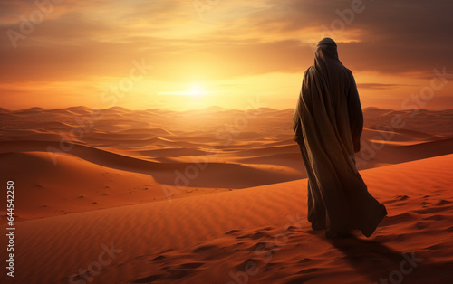 Arab man stands alone in the desert and watching the sunset