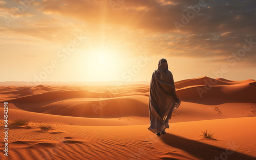 Arab man stands alone in the desert and watching the sunset