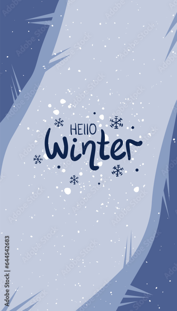 Naklejka premium hello winter background wallpaper stories reels snow blue your text place for text template simple web texture social media design pattern print target smm lettering fonts brush art spot christmas