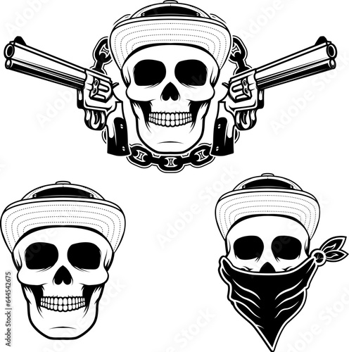 Set of  gangsta skulls isolated on white background. Design element for t-shirt print, poster, sticker. Vector illustration.