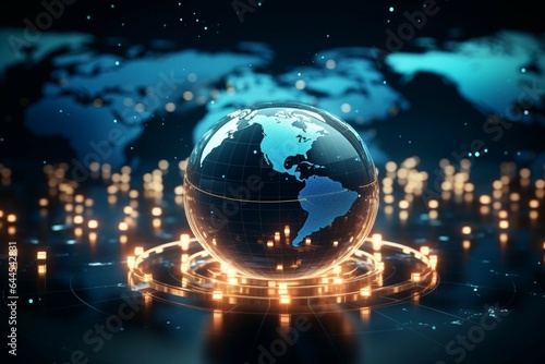 A radiant globe connects online banking, cryptocurrency, and trade in a digital realm