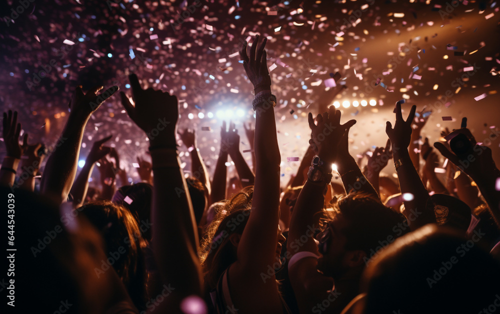 Fototapeta premium Close up photo of many party people dancing purple lights confetti flying everywhere nightclub event hands raised up wear shiny 