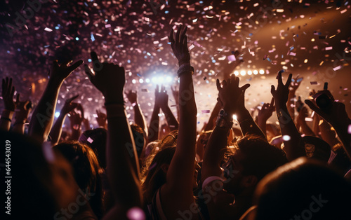 Close up photo of many party people dancing purple lights confetti flying everywhere nightclub event hands raised up wear shiny 