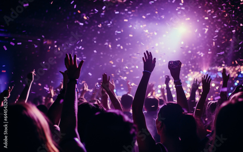 Close up photo of many party people dancing purple lights confetti flying everywhere nightclub event hands raised up wear shiny 
