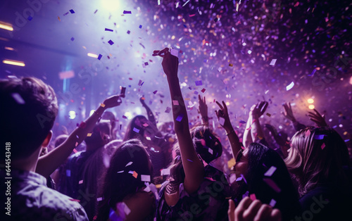 Close up photo of many party people dancing purple lights confetti flying everywhere nightclub event hands raised up wear shiny  © MUS_GRAPHIC