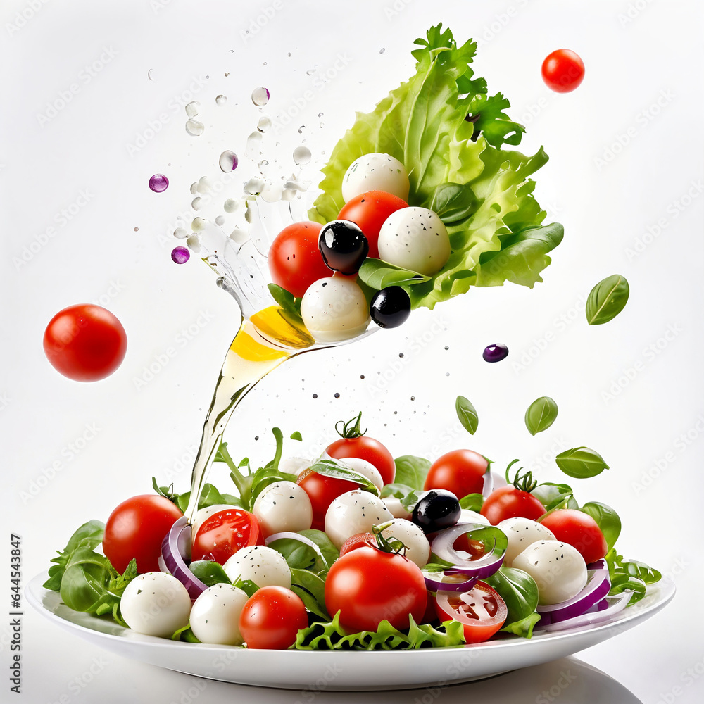 A white plate with salad and floating in the air ingredients: olives, lettuce, onion, tomato, mozzarella cheese, parsley, basil and olive oil. Vegetarian menu. Generative Ai. A white plate with salad and floating in the air ingredients: olives, lettuce, onion, tomato, mozzarella cheese, parsley, basil and olive oil. Vegetarian menu. Generative Ai.