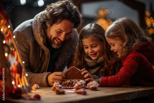 A family engages in the festive activity of decorating gingerbread houses  creating edible works of art that become a centerpiece of holiday decor. Generative Ai.