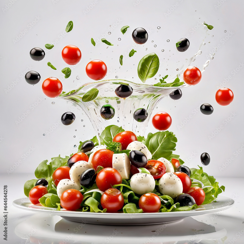 A white plate with salad and floating in the air ingredients: olives, lettuce, onion, tomato, mozzarella cheese, parsley, basil and olive oil. Vegetarian menu. Generative Ai. A white plate with salad and floating in the air ingredients: olives, lettuce, onion, tomato, mozzarella cheese, parsley, basil and olive oil. Vegetarian menu. Generative Ai.