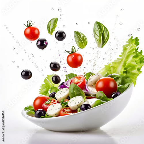 A white plate with salad and floating in the air ingredients: olives, lettuce, onion, tomato, mozzarella cheese, parsley, basil and olive oil. Vegetarian menu. Generative Ai.