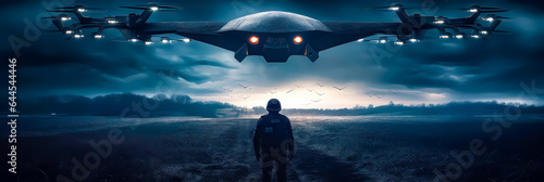 the stealth drone of the future in action, flying over a field in a battle