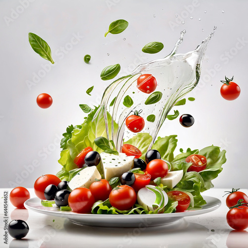 A white plate with salad and floating in the air ingredients  olives  lettuce  onion  tomato  mozzarella cheese  parsley  basil and olive oil. Vegetarian menu. Generative Ai.