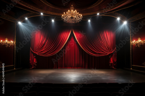 Spotlight on the Opening Act: Dramatic Theater Stage with Red Curtains Revealing Performance Lights