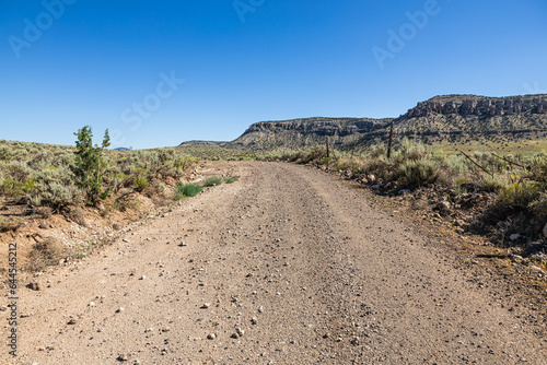 A dirt road stretching across a vast arid valley in northern Arizona with a clear blue sky.