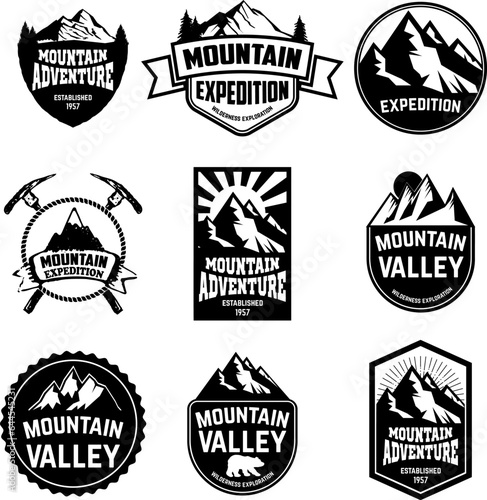 Hiking, mountains exploration labels and emblems. Vector illustration.