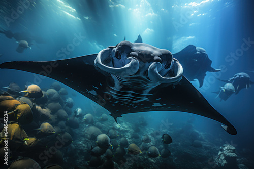 A diver photographs a majestic manta ray, showcasing the fascination and wonder inspired by encounters with marine creatures. Generative AI.