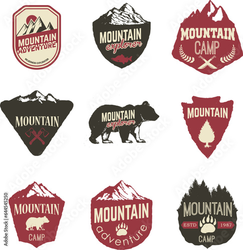 Hiking, mountains exploration labels and emblems. Vector illustration.