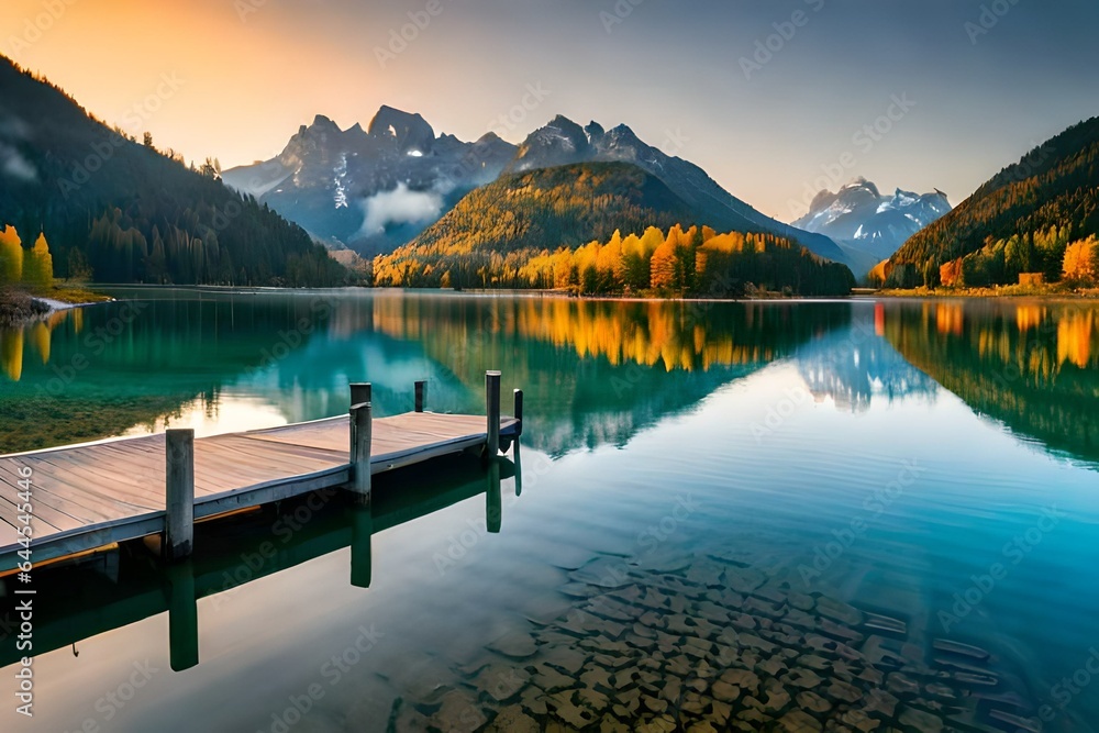 Beautiful autumn scene of Hintersee lake. Colorful morning view of Bavarian Alps on the Austrian border, Germany, Europe. Beauty of nature concept background 