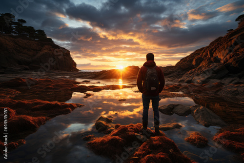 A person admires a breathtaking sunset over the ocean, reflecting on the beauty of the natural world and the importance of its preservation. Generative AI.
