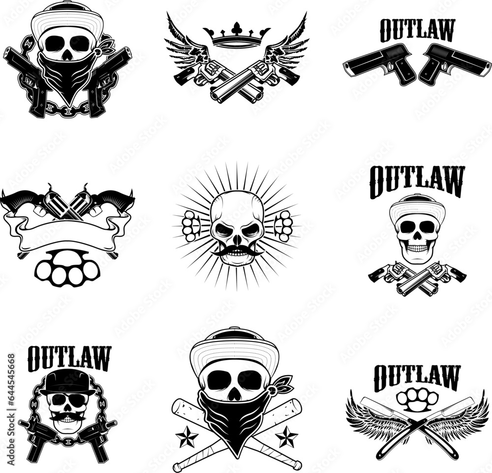 Set of  gangsta skulls isolated on white background. outlaw. Wings with weapon.  Design element for t-shirt print, poster, sticker. Vector illustration.