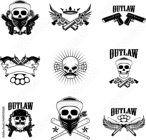 Set of  gangsta skulls isolated on white background. outlaw. Wings with weapon.  Design element for t-shirt print, poster, sticker. Vector illustration.