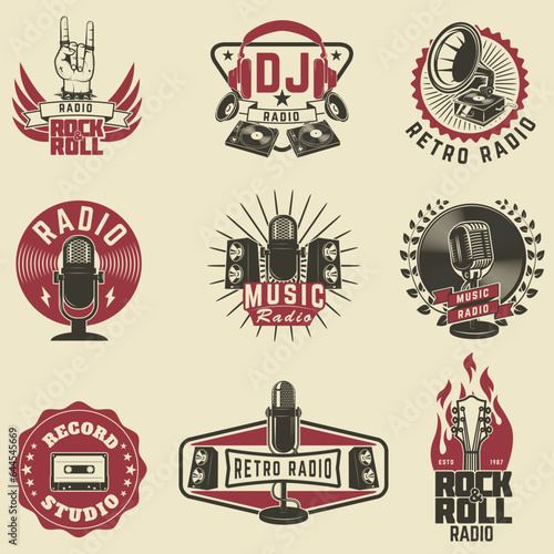 Radio labels. Retro radio, record studio, rock and roll radio emblems. Old style microphone, guitars. Design elements for logo, label, sign, badge.