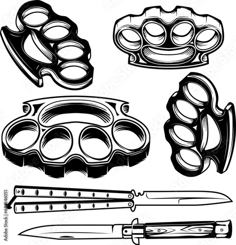 Set of the knives and brass knuckles. Vector illustration.