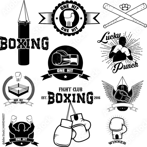 Set of the boxing club labels, emblems and design elements. Vector illustration.