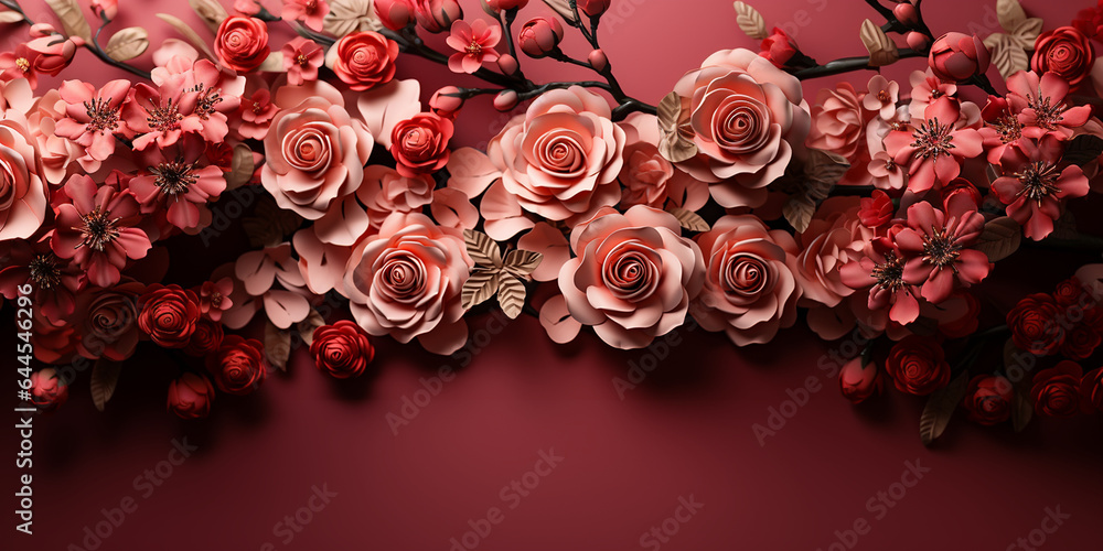 Schöne Blumen Rosen in rosa und rot zum Muttertag und Valentinstag als Hintergrund für Webdesign und Drucksachen Querformat für Banner, ai generativ - obrazy, fototapety, plakaty 