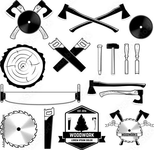 Set of woodworks, carpentry labels, emblems and design elements. element for logo, label, emblem, sign, brand mark. Vector illustration.
